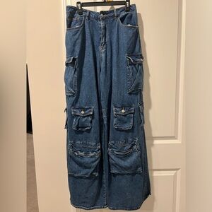 Fashion Nova wide leg cargo high waisted blue jeans